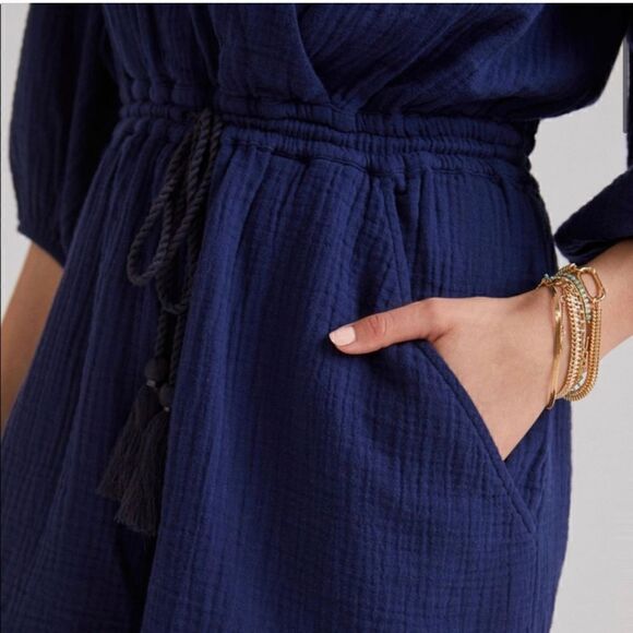 Anthropologie Celia Gauzy Romper Women's size XS navy blue faux wrap drawstring - Picture 3 of 13